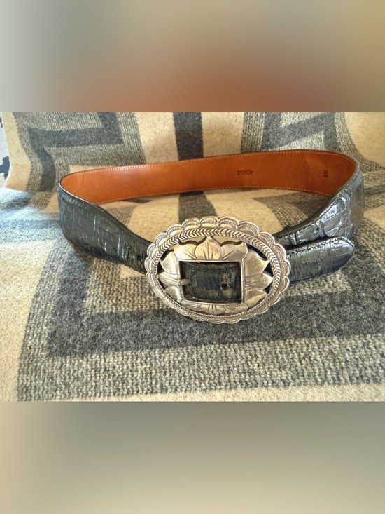Brighton Accessories - Brighton Black Croc-Embossed Leather Belt with Silver Western Concho Buckle